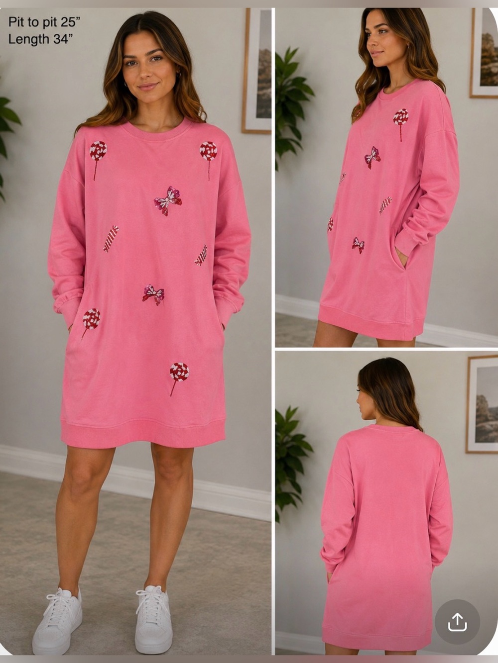 Pink sequin Candy and bows Print Long Sleeve mini dress with pockets